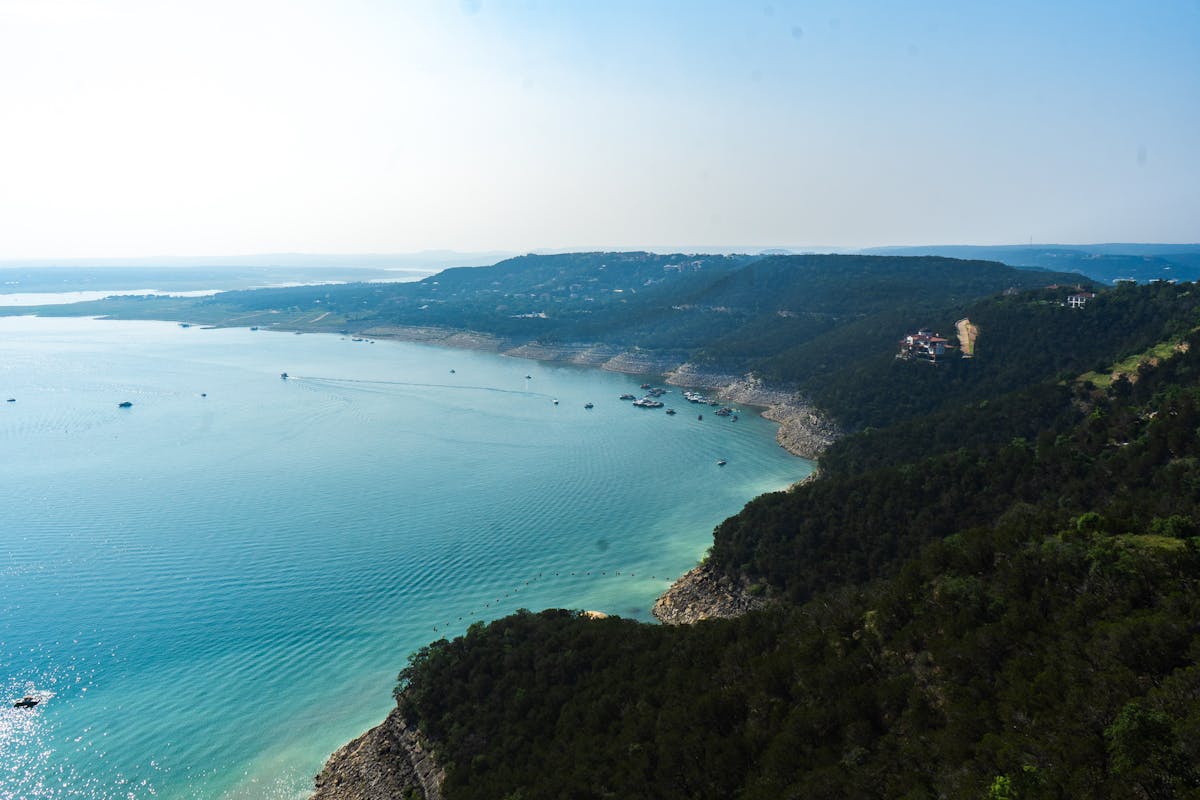 Aerial view of Lake Travis with surrounding Hill Country