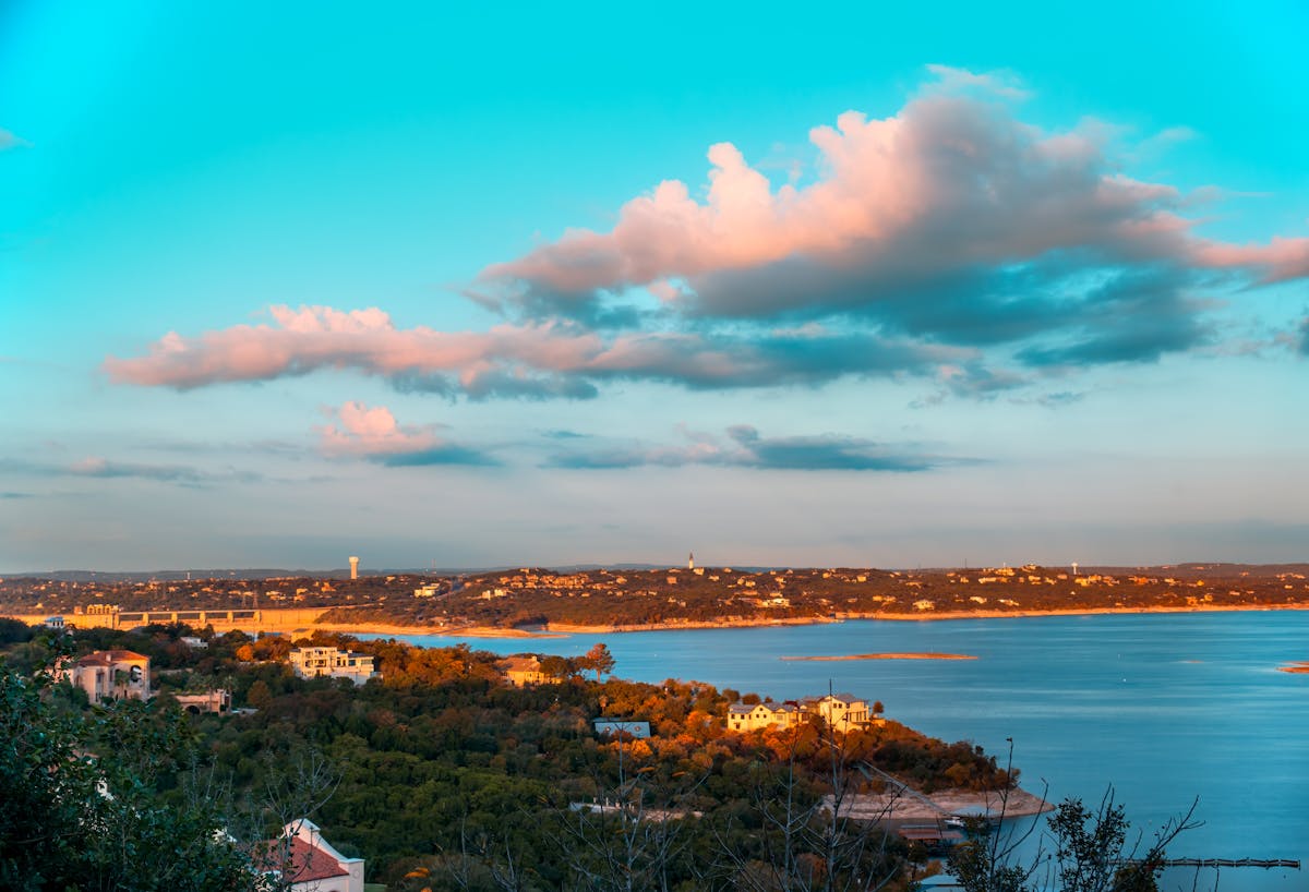 Lago Vista lakeside town at sunset over Lake Travis